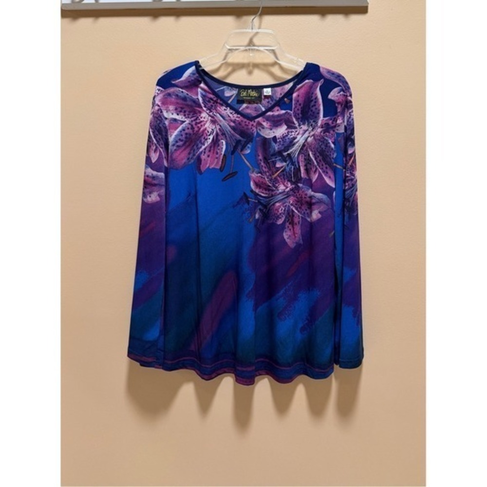Bob Mackie Wearable Art Floral Long Sleeve Blouse Blue Purple Jersey Knit Lg - Picture 15 of 15